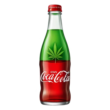 Curved Coca-Cola style glass bottle in red with a green cannabis leaf printed on it and labeled "red pop" sticker