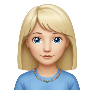 50 yr old white woman, hippie part short bangs, very long straight blond hair, oval face, small smile, blue eyes, thin face, hair downback, hair parted at center of head, round cheeks, pale, longer hair, white shirt sticker