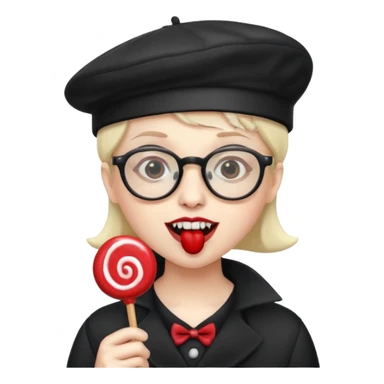 Vampire with lollipop, beret and glasses, teeth looks like vampire sticker