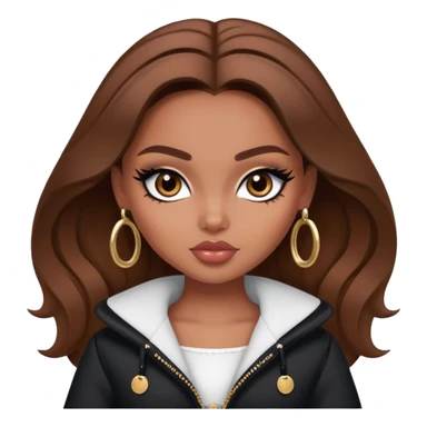 pretty bratz girl, brown hair, dark brown eyes, black eyeliner, brown skin, coquette clothes sticker