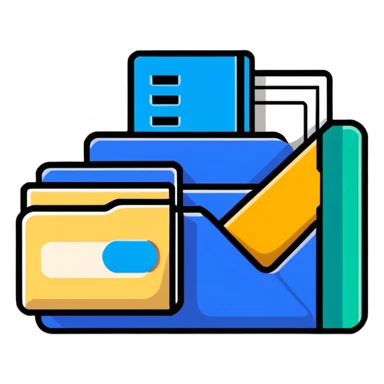 Closed folder icon with small symbols floating around: bank building, credit card, calculator, and document – organized financial archive sticker