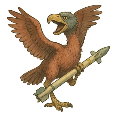 an insignia for a flag: a strange foreign alien bird creature, resembling a prehistoric phorusrhacos, gripping a sidewinder missile in its' powerful claw, standing up on its' other claw, cawing fiercely, wings spread in defiance.
 sticker