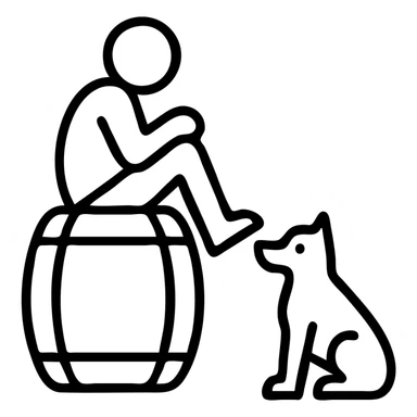 Diogenes sitting in a barrel with a dog nearby, minimalist style sticker
