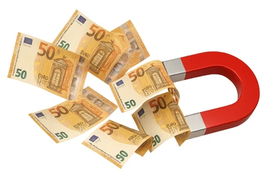 banconote di euro fluttuano vicino ad una calamita rossa, sono attratte, iperrealistico 4k sticker