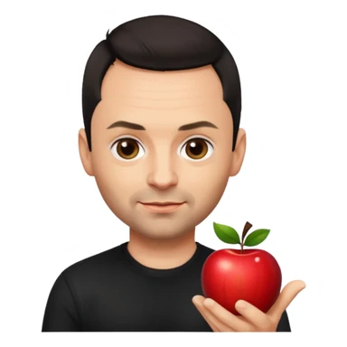 Paul Landers, guitarist of Rammstein, apple style emoji, short dark hair, playful smirk, black shirt sticker