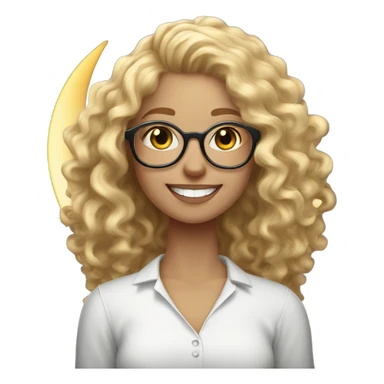 A woman with curly blonde hair and glasses, wearing a white shirt, smiling brightly, sitting on a round moon sticker