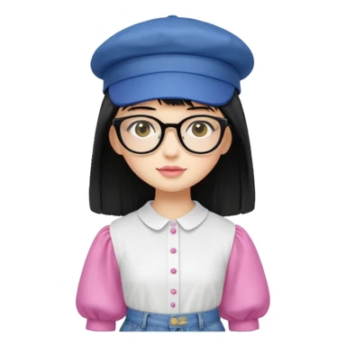 A yellow-skinned girl with long straight black hair, flat bangs, black frame glasses, a white puffy sleeve doll shirt, blue jeans and pink shoes, and a black painter's hat，no yellow spikes. sticker