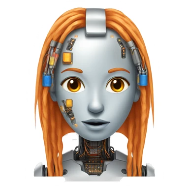 Head of female robot with long orange hair and circuits sticker