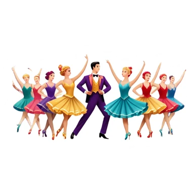 Icon for Musical Movie: A vintage movie poster-style design with a lively, colorful scene—dancers in glamorous costumes, bright lights, and musical notes floating in the air. Include elements like a grand stage, a spotlight, and instruments. Retro cinematic feel. Transparent background. sticker