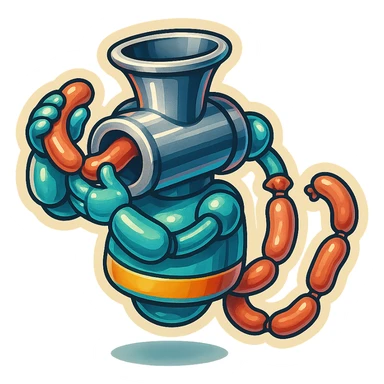 a robot that has a large meat grinder for a head. 2 arms that stuff meat into its meat hole. meat is processed and sausage links come out of the rear. The robot doesnt have legs it hovers.style is not lifelike. sticker or emoji style. robot feeds itself meat sticker
