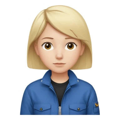 Calm and independent female engineer, fair skin, short straight blonde hair tucked behind the ears, neutral but focused expression, wearing a fitted blue utility jacket over a black crew-neck top, waist-up, front-facing sticker
