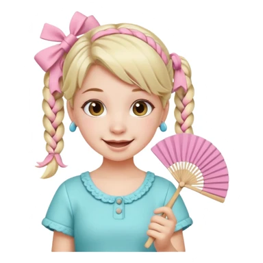 A pigtail girl in modern outfit using a pastel fan with playful expression. sticker