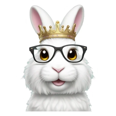 super fluffy white bunny with glasses wearing a crown sticker