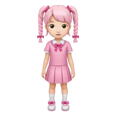 small girl wearing pink student uniform, white dress, white shoes and a bow on her pigtail hair sticker