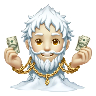 Snow elemental shaped more like a human—think tall, jointed limbs, maybe even facial expressions made of snow flaunting money wearing gold rope chain sticker