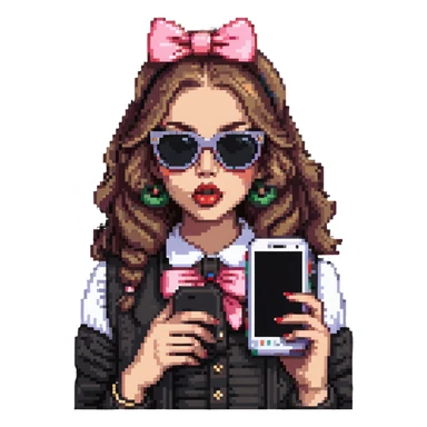 Girl with huge lips, sunglasses, bow on her hair, holding a phone with attitude sticker