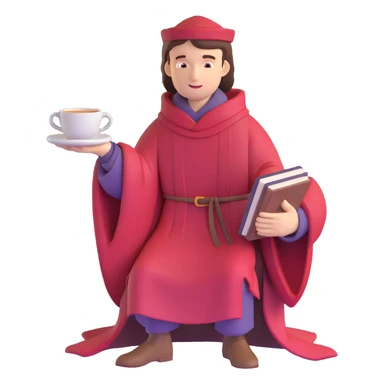 person with book and teacup, Chaucer in medieval robe behind, simple background sticker
