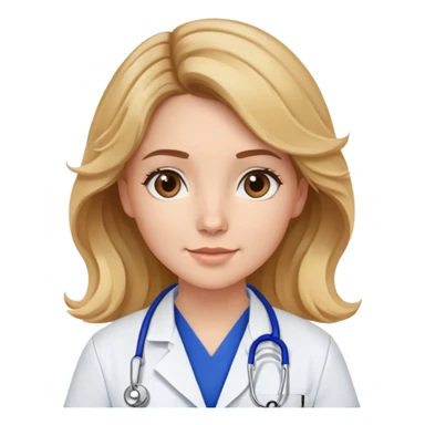 a white girl with brown eyes and wavy brown hair with blonde highlights wearing royal blue scrubs with a white lab coat over it with a light blue stethoscope sticker