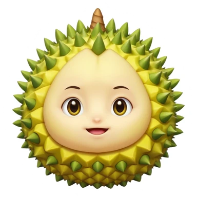 cute durian with round body, green spikes, yellow flesh, blushing, big sparkly eyes, shy sticker
