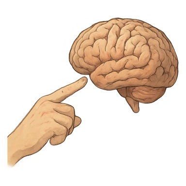 ghibli style a hand with detailed fingers pointing to a brain sticker