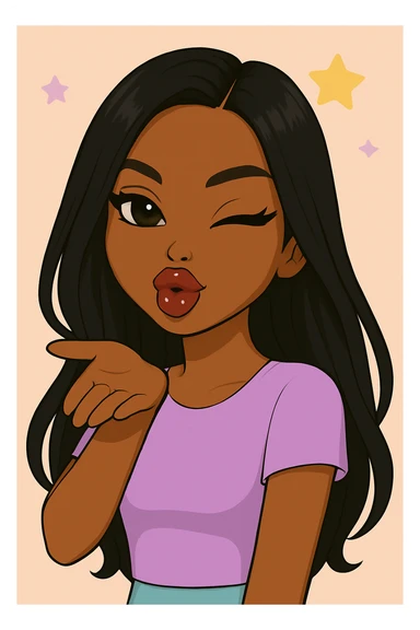 Headshot only of a 20-year-old anime Bratz style woman with dark skin and straight hair. She has a sassy attitude with a confident and playful expression. She wears a cute pastel Y2K look, has big expressive eyes, and glossy lips. No hat, no tears. sticker