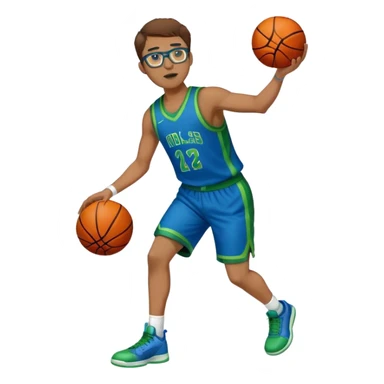 full body brown hair white male basketball player wearing glasses in blue an green uniform sticker