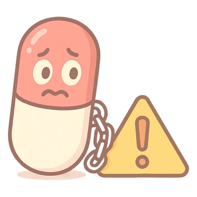pastel toon style cartoon icon of a red medicine capsule with a chain, anxious eyes, warning sign sticker
