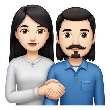 a white girl with long black hair, holding hands with a white guy with short brown hair goatee mustache sticker