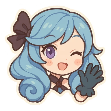 chibi style Gwen from League of Legends, only head, right eye purple, one hand waving with glove, playful expression sticker