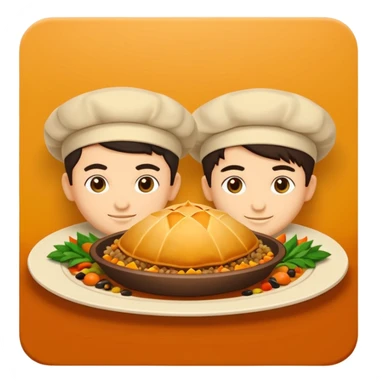 Uzbek cuisine avatar in bright emoji-style illustration. Classic dishes like plov and samsa, warm golden and earthy tones, simple shapes, flat design, high contrast, friendly and appetizing. sticker