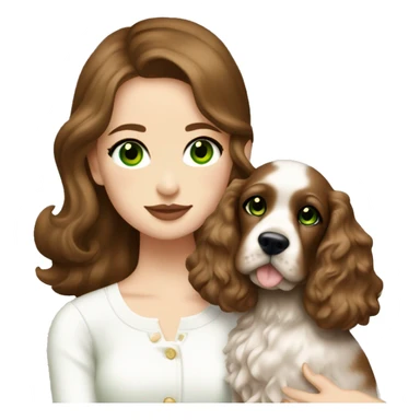 Girl with brown hair and plump lips and green eyes wearing white miu miu longsleeve hugging brown cocker spaniel sticker