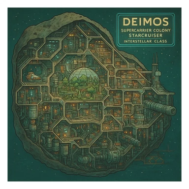futuristic cyberpunk schematics cutaway exploration map of a supercarrier colony starcruiser, interstellar class, built within a monolithic asteoid - the Deimos sticker