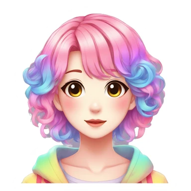 Gorgeous anime style shojo character with blushing face aesthetic and pretty colorful shiny gradient neon rainbow hair with hair garment trending style sticker