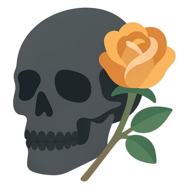 A dark, grey skull with sharp, angular features and a mysterious, haunting aura, featuring a rose delicately placed in one of its hollow eye sockets. The skull is in shades of grey, accented with soft tones of golden orange (FA9B41), forest green (4A7C5C), muted taupe brown (96775A), and pastel peach (FFCC9A). The rose, vibrant in its peach and orange hues, contrasts with the cold, eerie grey of the skull, its petals unfurling gently around the eye socket. The background is dim and shadowy, with a faint, mystical glow illuminating the skull and rose, adding to the gothic and slightly surreal atmosphere. The scene feels both haunting and beautiful, with a touch of elegance. sticker