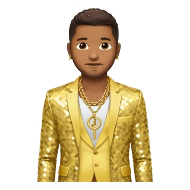 Usher with dark brown, pale yellow sequin suit jacket, shirtless with necklace sticker