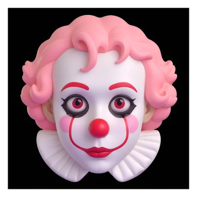 close-up cartoon portrait of a sorrowful clown, white face paint, red nose, minimalist makeup, single tear, short curly pastel pink hair, simple ruffled collar, soft lighting, polished emoji-like finish, white background sticker