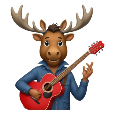 A man with a moose head in alaska pointing a red guitar directly up in the air. Make the graphics gritty and realistic like the moose man is a villian in a high budget batman movie. sticker