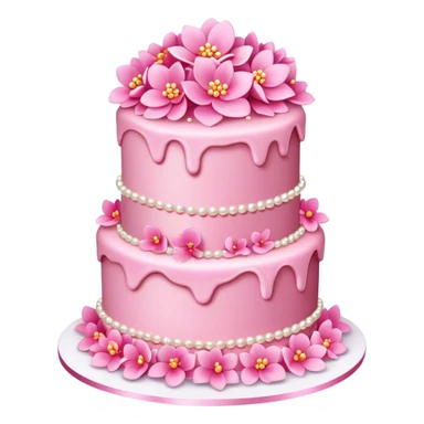 Three layer pink cake adorned with overflowing pink flowers and pearls sticker