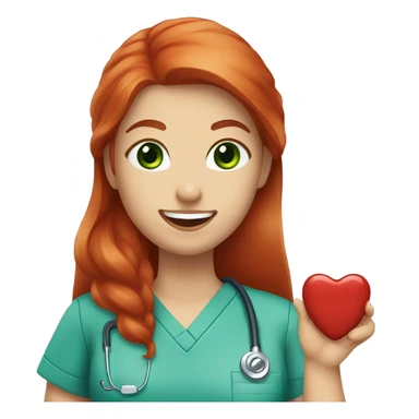 long red hair, green eyes, red lips girl, blue scrubs, holding a tooth sticker