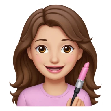 girl with wavy long brown hair, brown eyes, light to medium complexion, long lashes, light pink lipstick, wearing light pink shirt, smiling, crying, laughing, tears sticker