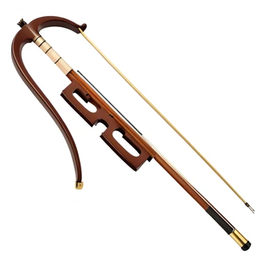  "Create a detailed and elegant emoji representing the Hans Klein HKCB cello bow. The design should feature the bow’s sleek, polished wooden stick with delicate, smooth curves, and fine detailing on the frog and winding. The bow hair should be visible, taut and neatly arranged. Add subtle metallic accents around the frog to emphasize the quality craftsmanship. Use rich brown and gold tones for the bow, with slight highlights on the silver and ebony components. The background should be transparent. sticker