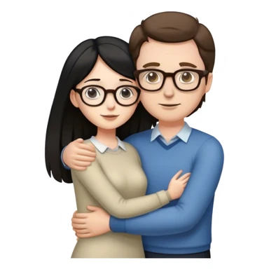 Tall white man with brown hair and glasses hugging an short pale woman with long black hair, standing sticker
