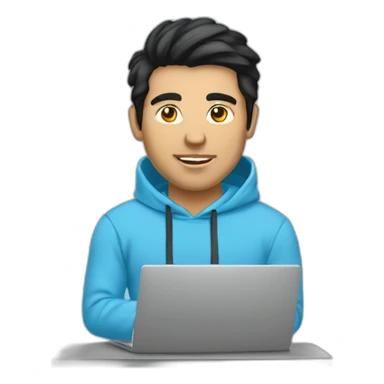 man without beard with sky blue hoodie with black hair working on laptop front view sticker