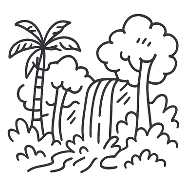 El Yunque rain forest showing trees and a waterfall as a hand-drawn black outline icon sticker