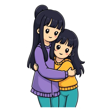 two white girls with long black hair hugging, one girl has bangs sticker