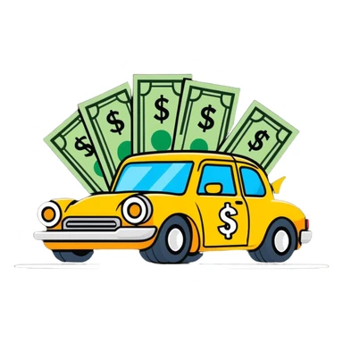 cartoon style car with dollar signs and happy customers, representing vehicle financing sticker