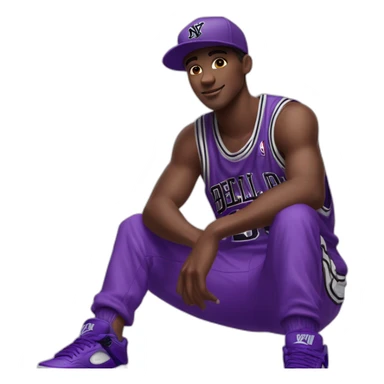 Young, dark-skinned guy in violet attire, wearing a violet NY cap and rocking violet Jordan 4s. 🟣🧢👟 sticker