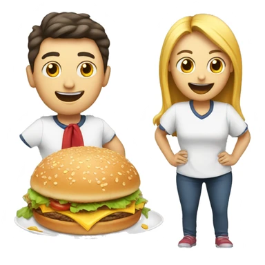 An emoji representing a food competition with three participants: a large person, a medium-sized person, and a small person, all competing in a fun and lively eating contest sticker