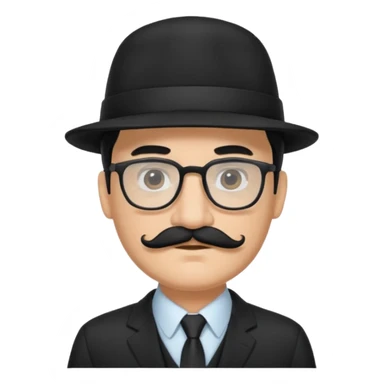 black hair dad in black suit and glasses with mustache and a hat sticker