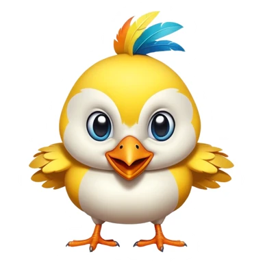 Create a quirky, hilarious, and expressive cartoon bird mascot. The bird should have a playful and mischievous personality, with oversized, goofy eyes and a wide, cheeky grin. Its feathers should be bright and colorful (think tropical or neon shades) to make it visually pop. The design should be sleek and modern, with rounded, soft edges and a slightly exaggerated, chubby body for a cute yet funny look. Give it dynamic, energetic poses—flapping excitedly, side-eyeing like a meme, or looking smugly intelligent. The bird should feel like a digital assistant—friendly, witty, and a little sassy, ready to interact with users in a fun way sticker